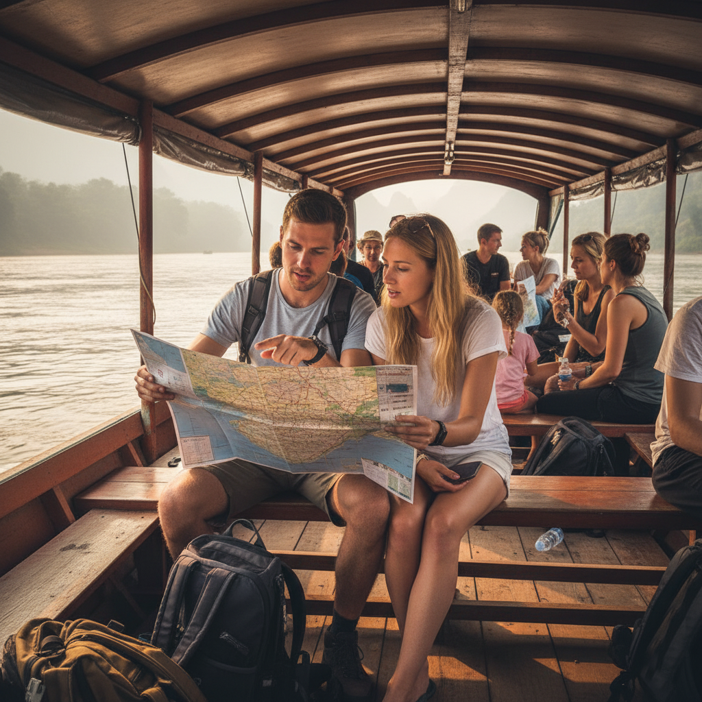 Tourist Looking at Map - Laos Visa and Travel Tours Travelers being on the slow boat getting ready for travel.
