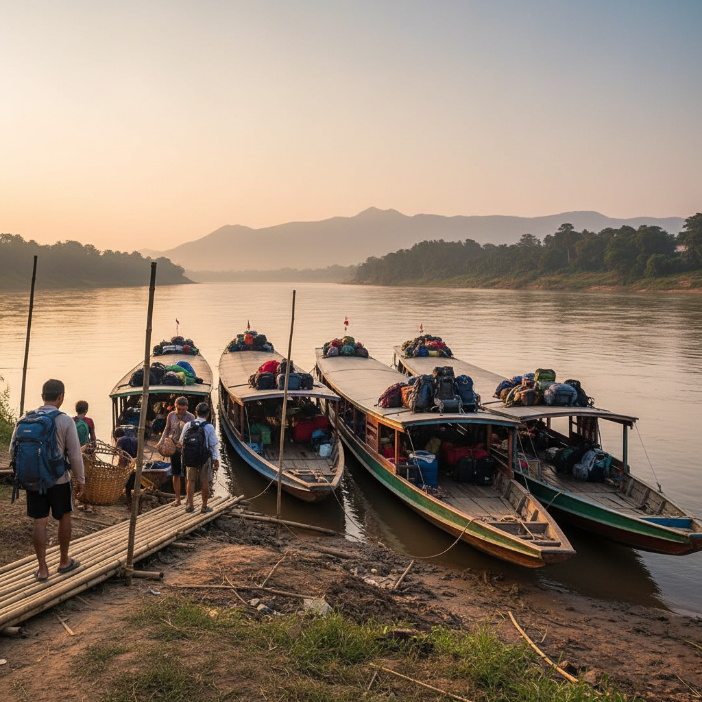 Tour Detail - Layout 4 - Laos Visa and Travel Tours The slow boat to Luang Prabang docked at Huay Xai pier.