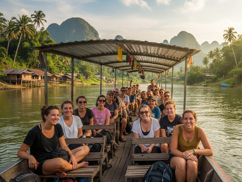 chiang-rai-to-laos-by-slow-boat - Laos Visa and Travel Tours Scenic view of travelers crossing the Mekong River from Chiang Rai to Laos