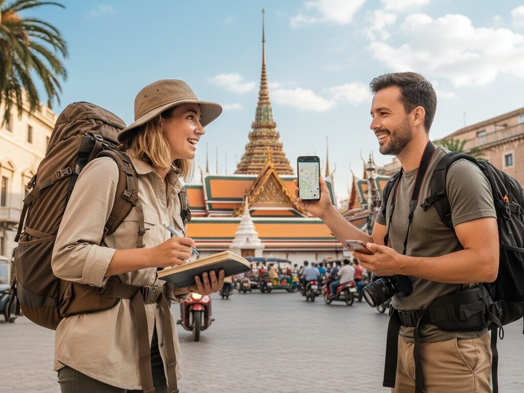Tips for traveling - Laos Travel Tours & Visa Two backpackers in a temple square; woman writes in a notebook while the man shows a map on his phone, smiling at each other.