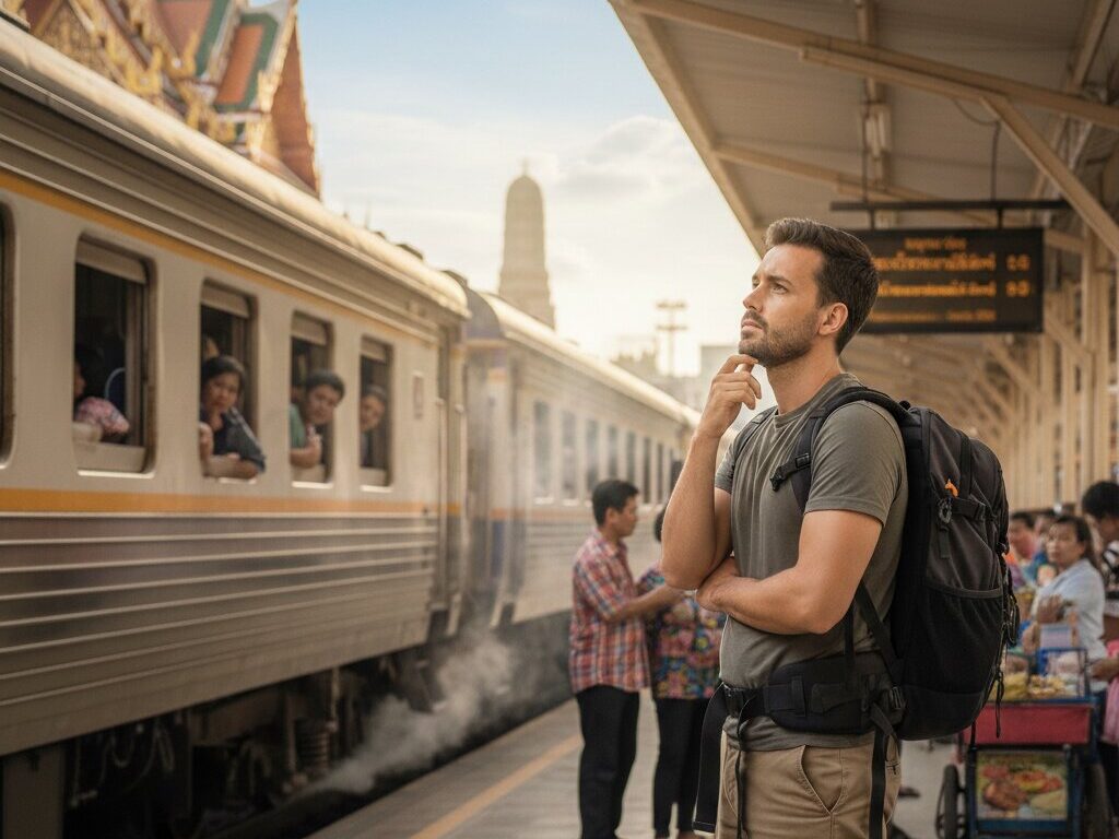 why take the train - Laos Travel Tours & Visa Man with a backpack stands on a train platform, deep in thought as the train and passengers loom nearby.