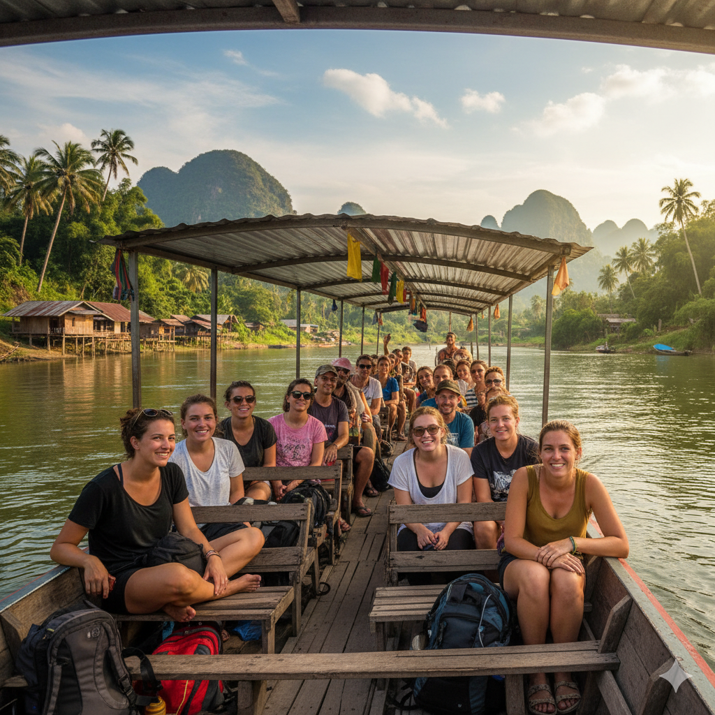 Scenic view of travelers crossing the Mekong River from Chiang Rai to Laos
