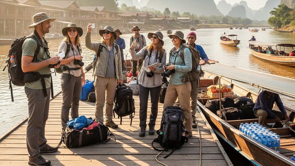 Group of hikers on a wooden dock taking a selfie, with river boats and distant cliffs in the background.
