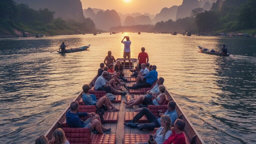 Tour boat with passengers sitting along cushioned benches on a calm river at sunset, surrounded by misty karst hills and smaller boats in the distance.