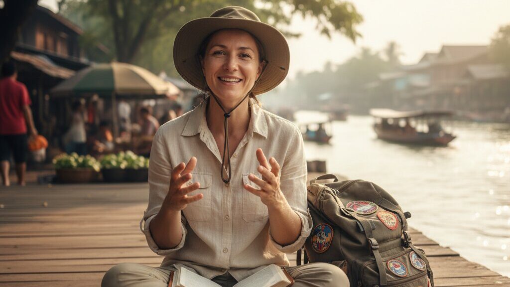 Woman sitting cross-legged on a wooden dock by a river, wearing a wide-brim hat, with an open book and a backpack beside her.